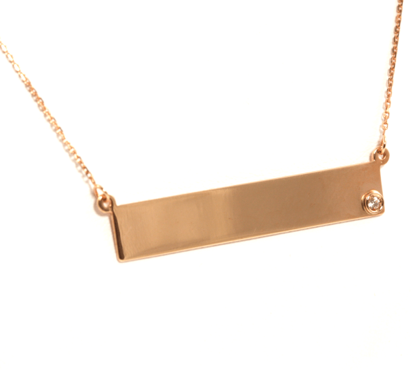 14k Rose Gold Round Diamond Horizontal Bar Tag Necklace Powers